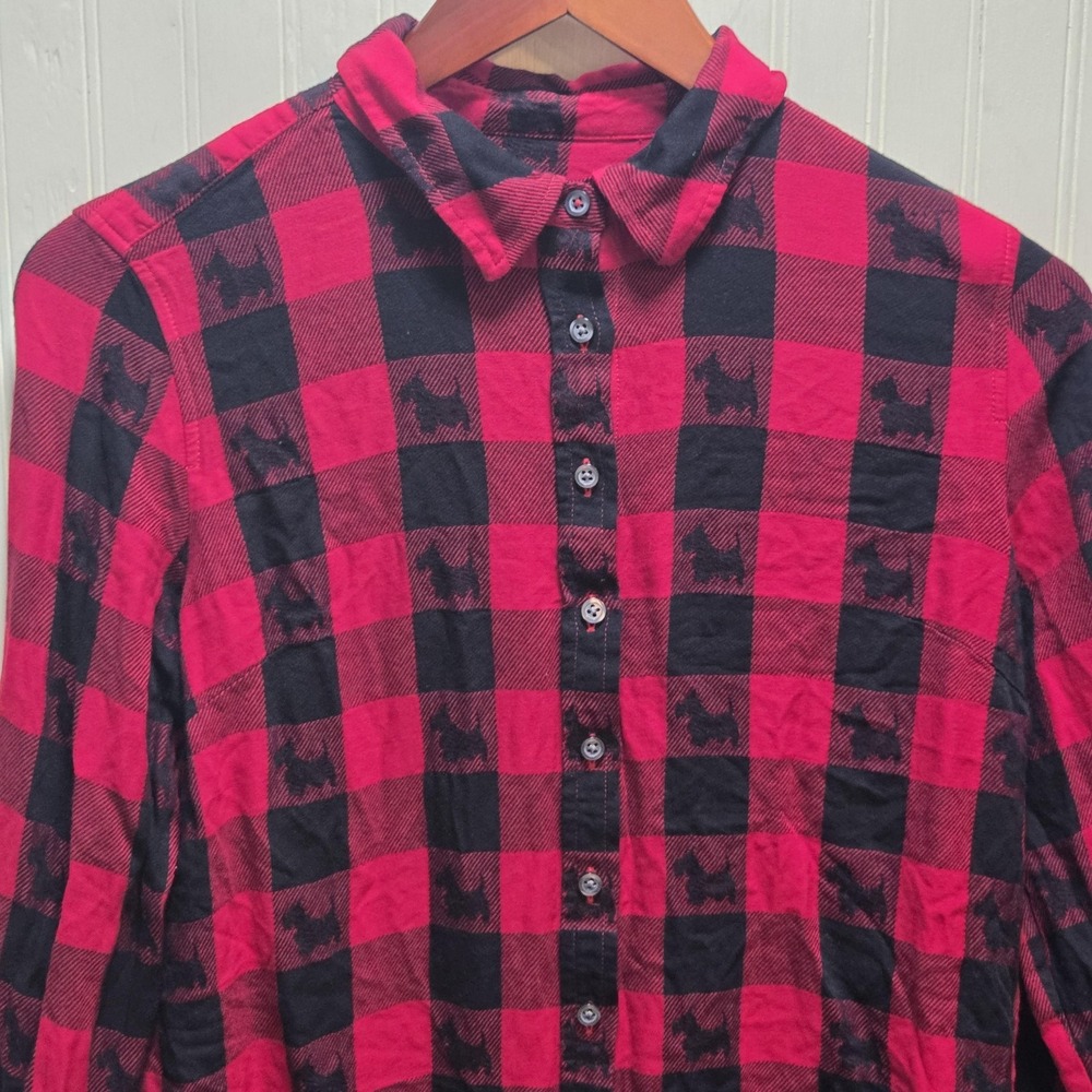 Talbots Button Up Shirt Womens SP Petite Red Plaid Long Sleeve Dog Print